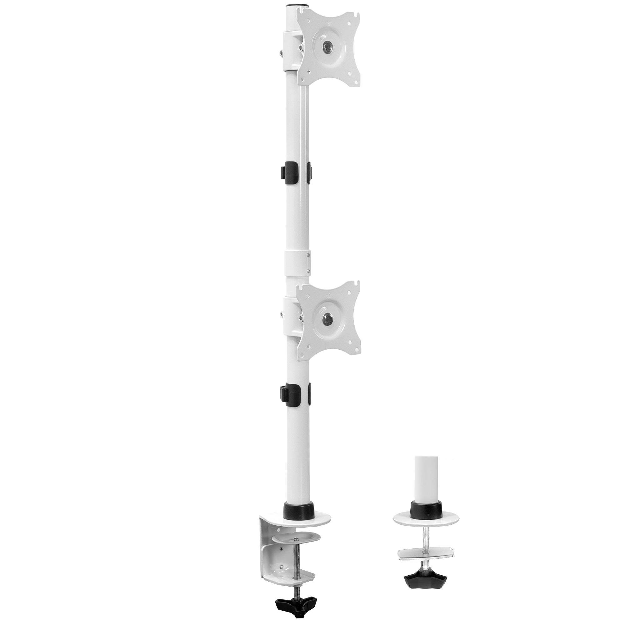 Sturdy adjustable vertical dual monitor ergonomic desk mount for office workstation.