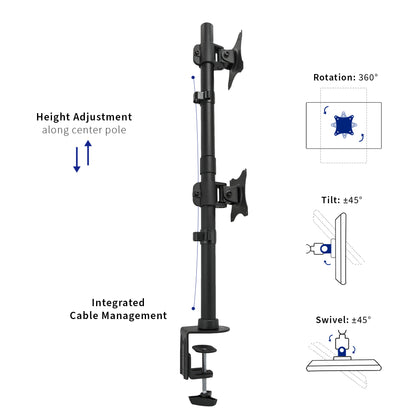 Sturdy adjustable vertical dual monitor ergonomic desk mount for office workstation.