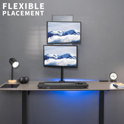 Sturdy adjustable vertical dual monitor ergonomic desk mount for office workstation.