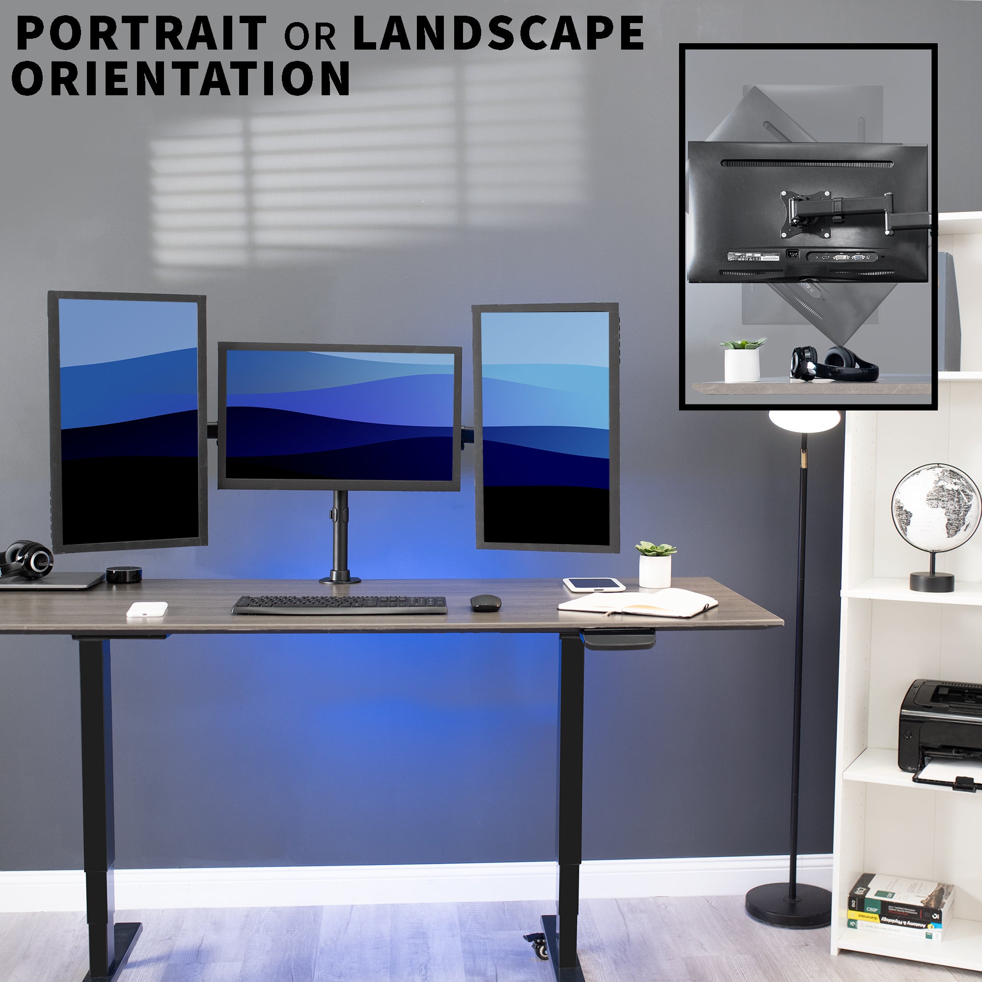 Sturdy height adjustable triple monitor desk mount.