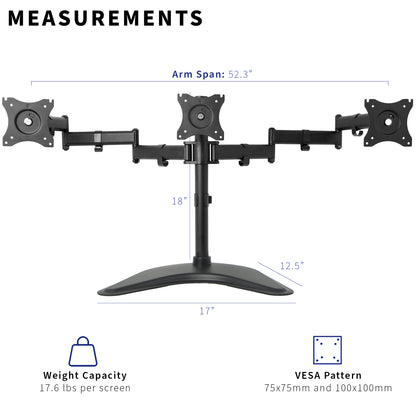 Sturdy height adjustable triple monitor desk stand.