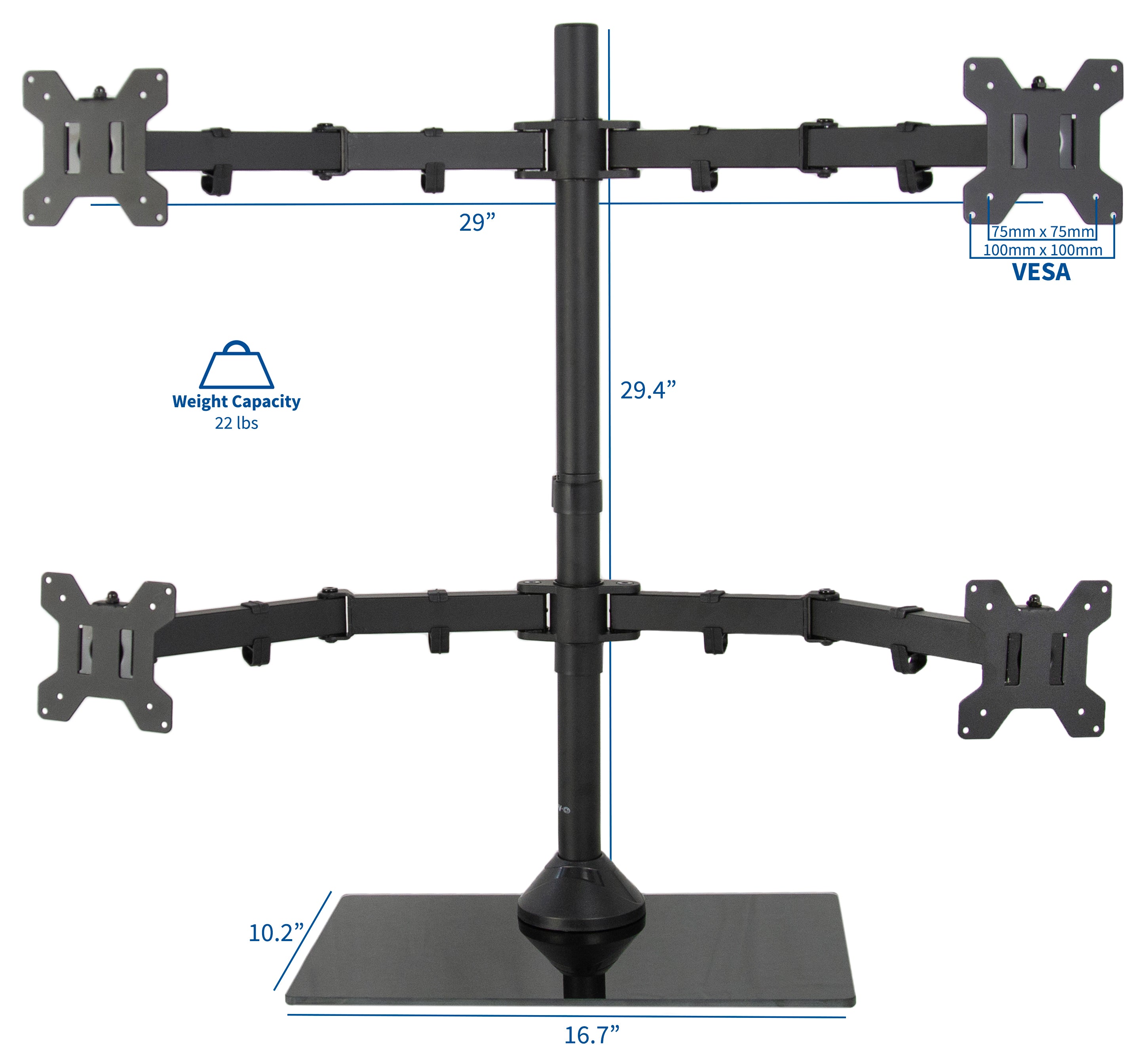 Sturdy height adjustable quad monitor desk stand.