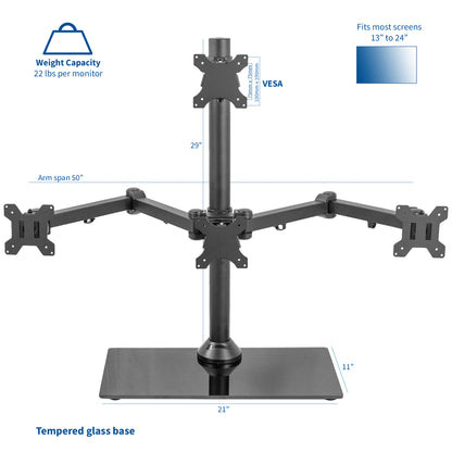 Sturdy height adjustable quad monitor desk stand.