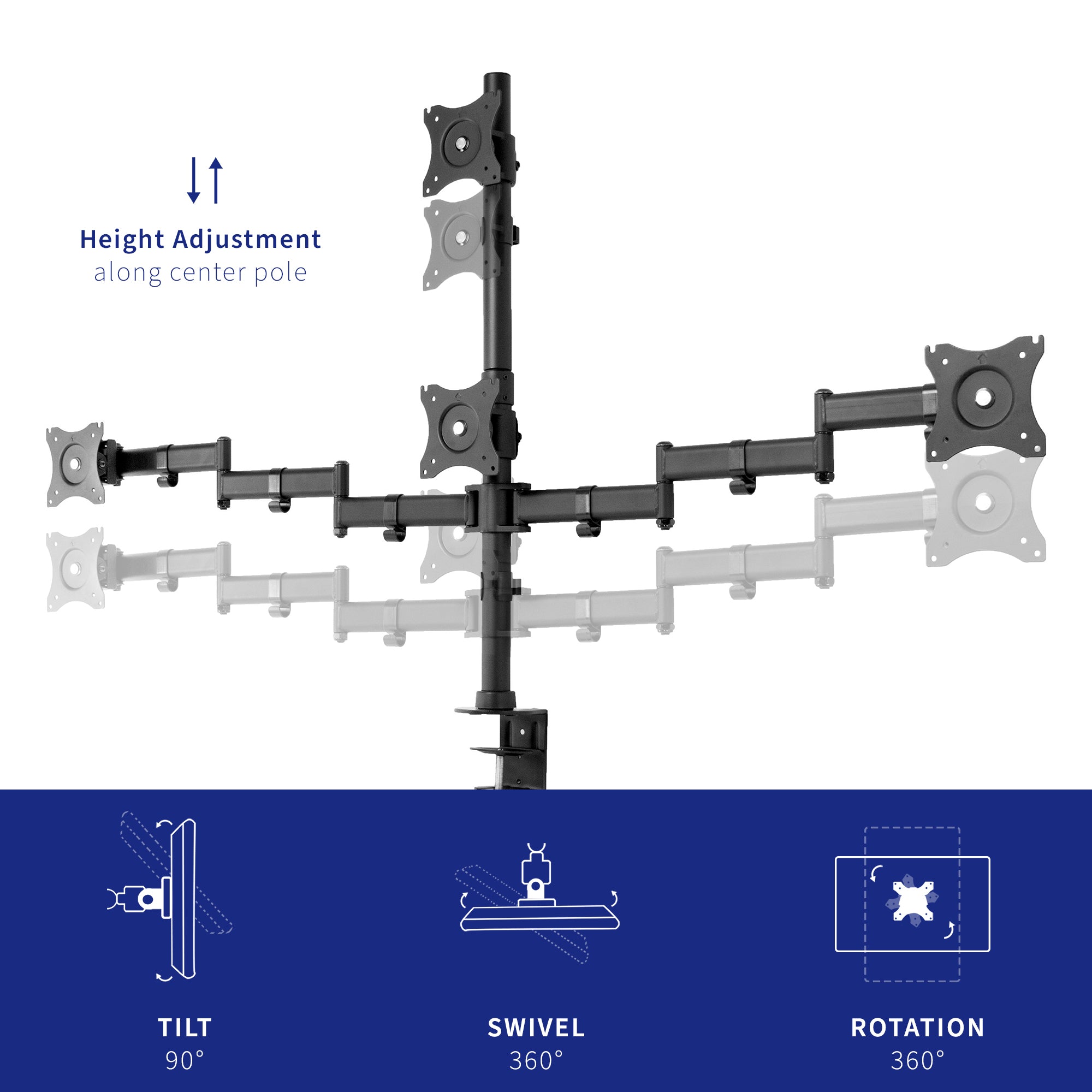 Sturdy height adjustable quad monitor desk stand.