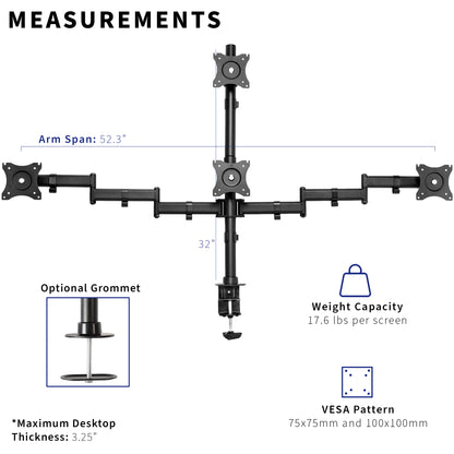 Sturdy height adjustable quad monitor desk stand.