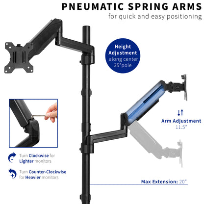 Adjustable pneumatic arm dual monitor extra tall desk mount.