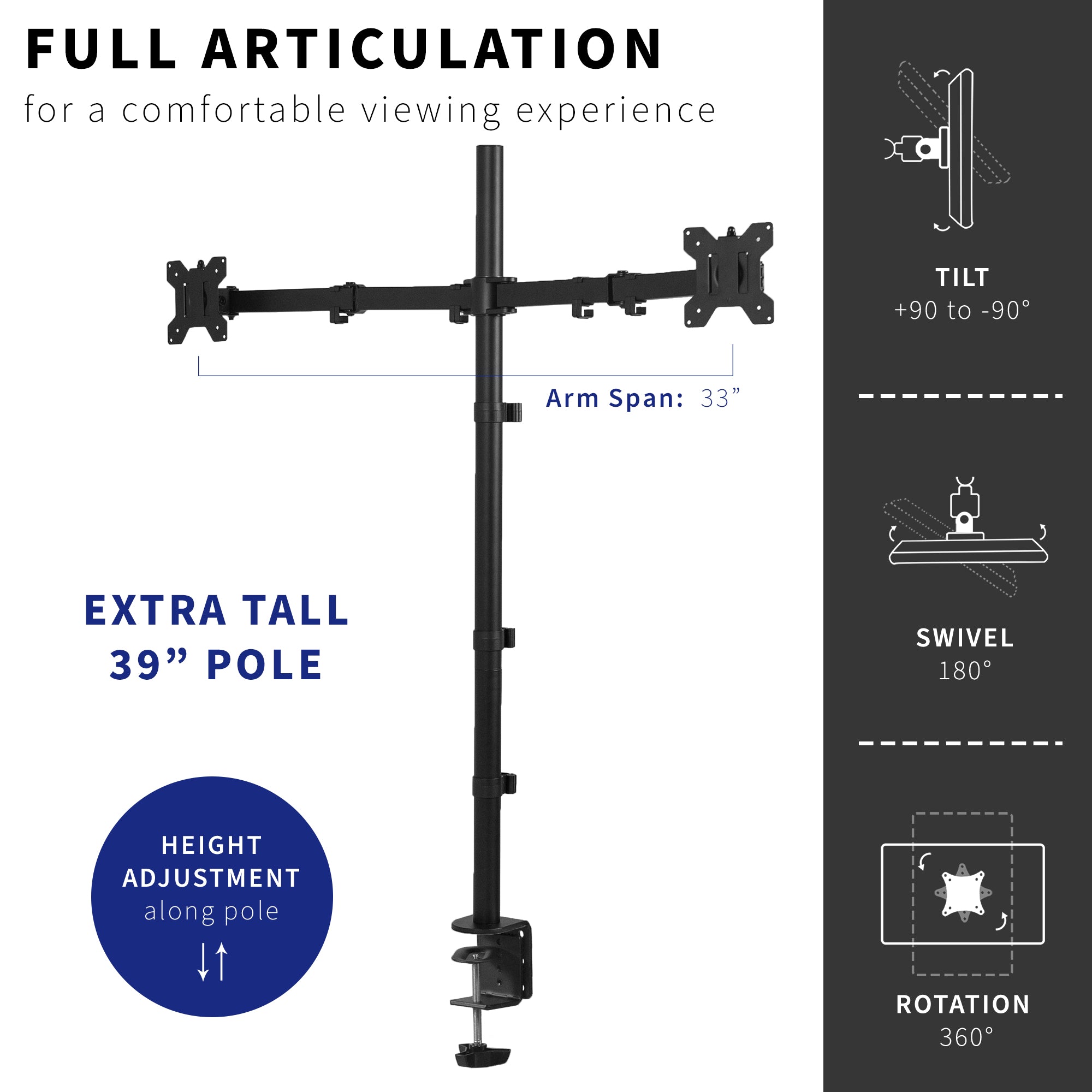 Extra tall adjustable dual monitor ergonomic desk mount for office workstation.