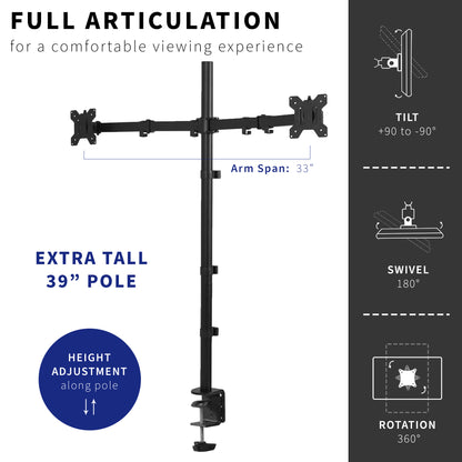 Extra tall adjustable dual monitor ergonomic desk mount for office workstation.