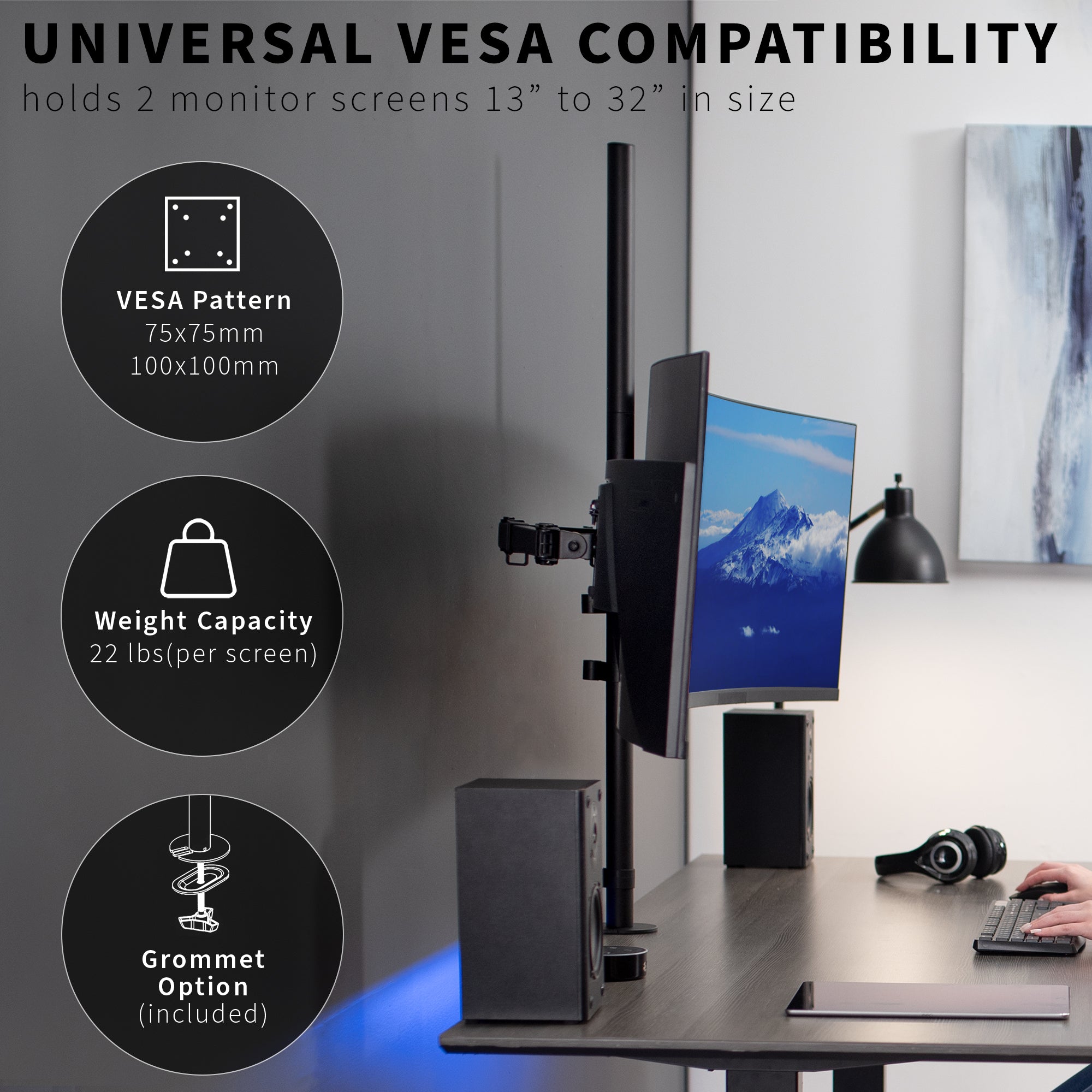 Extra tall adjustable dual monitor ergonomic desk mount for office workstation.