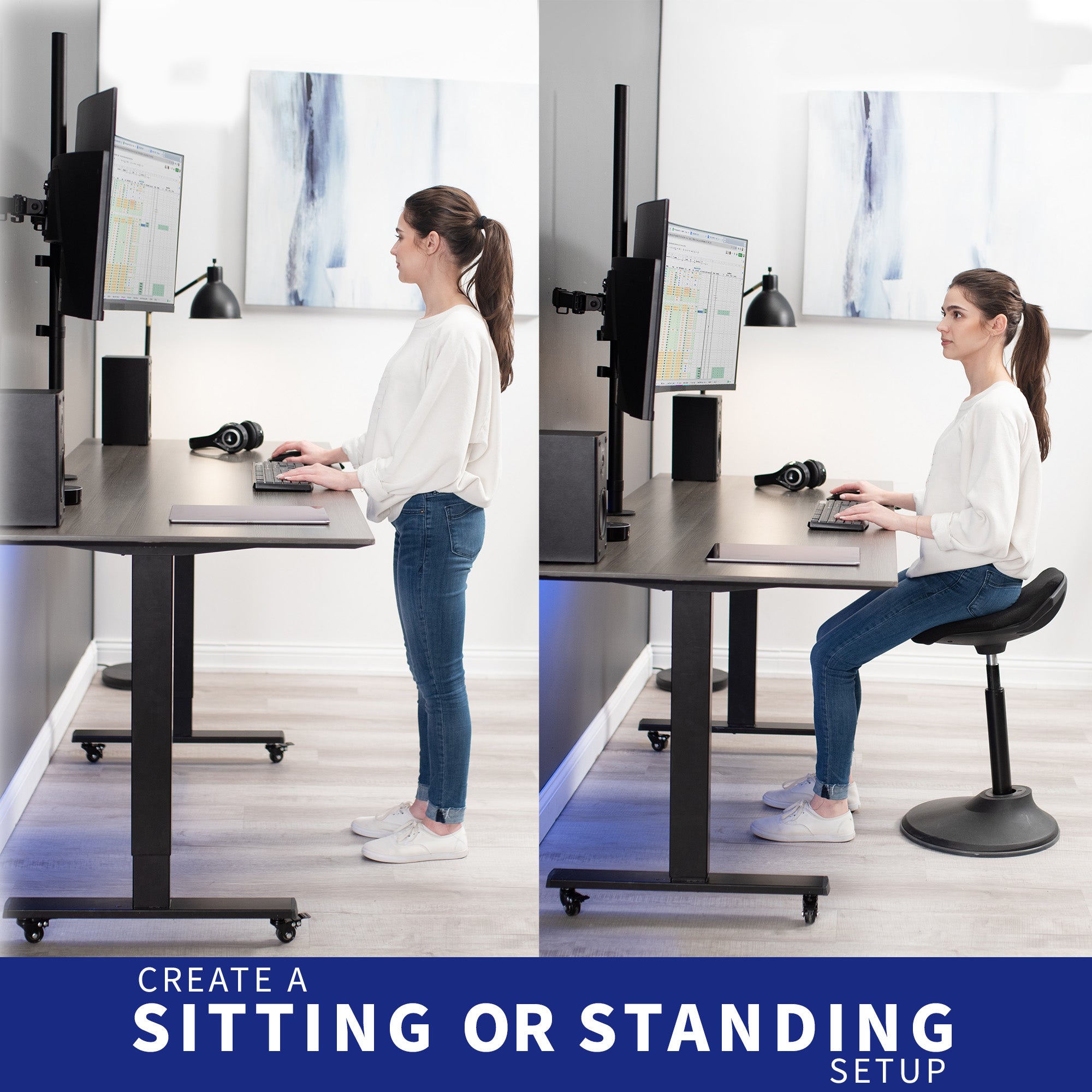 Extra tall adjustable dual monitor ergonomic desk mount for office workstation.