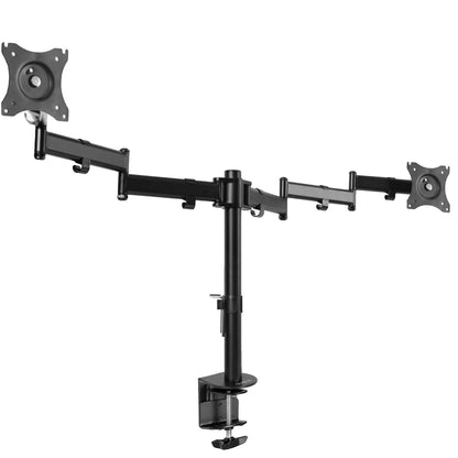 Sturdy adjustable dual monitor ergonomic desk mount for office workstation.