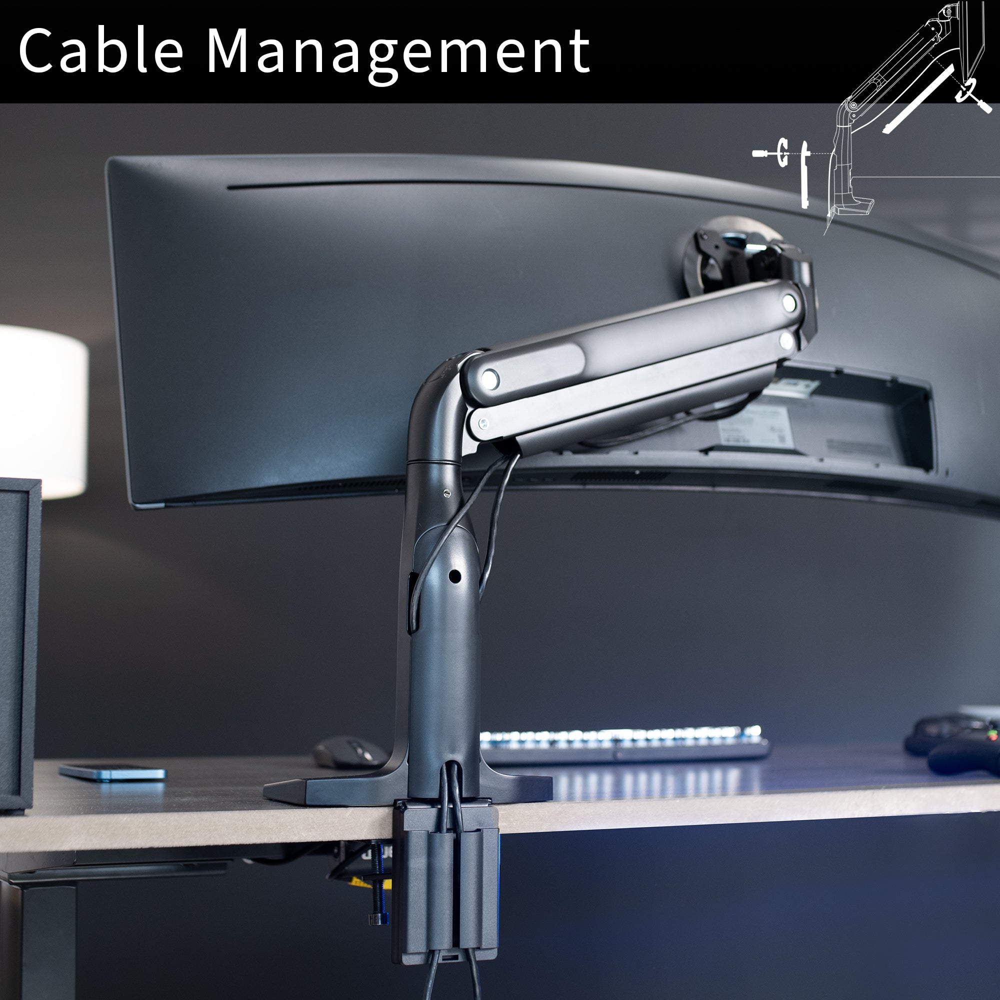 Strong pneumatic arm with incorporated cable management.