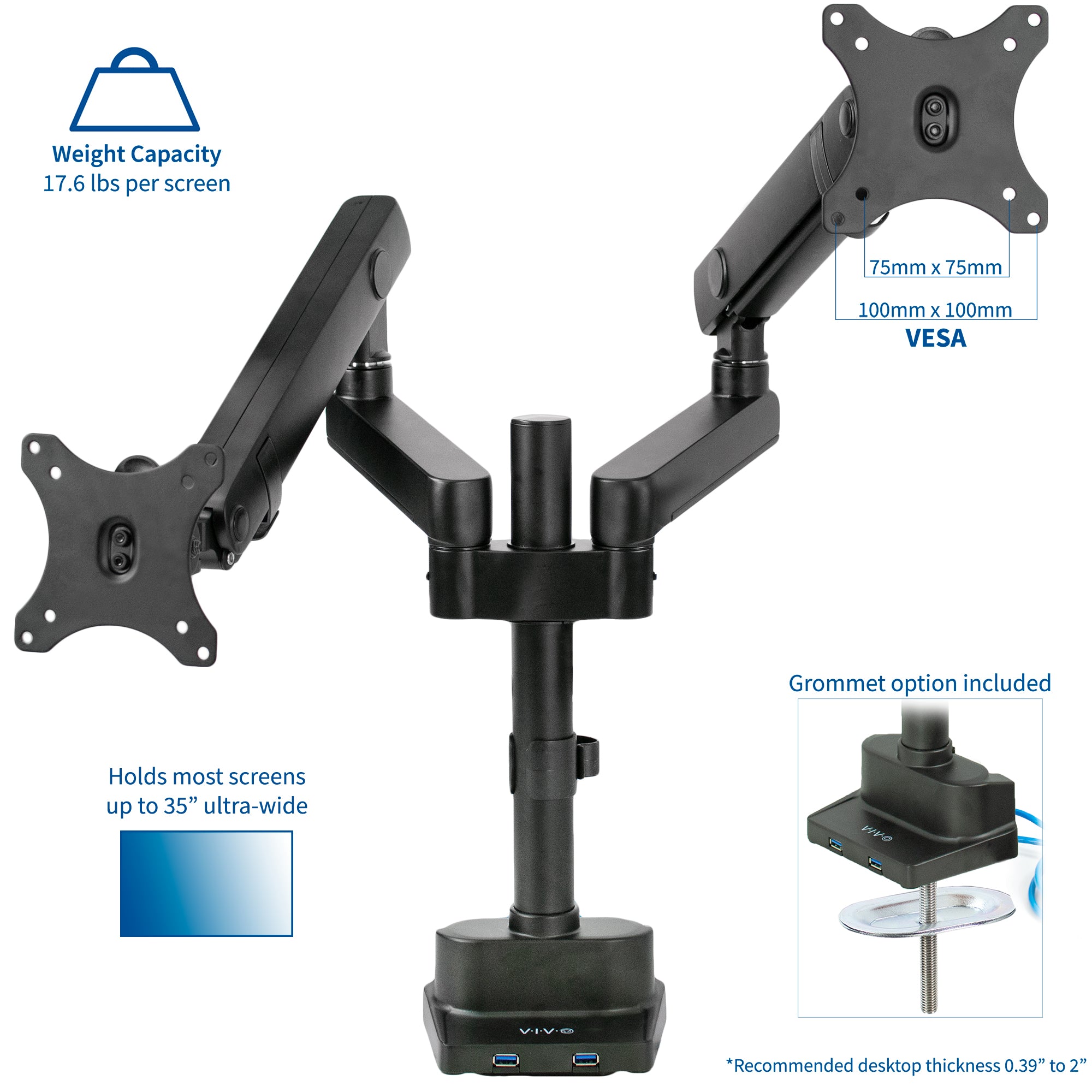 Pneumatic Arm Dual Monitor Desk Mount with USB