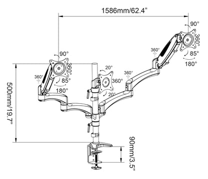 Triple monitor sturdy desk mount attachment with adjustable pneumatic arms and integrated cord management.