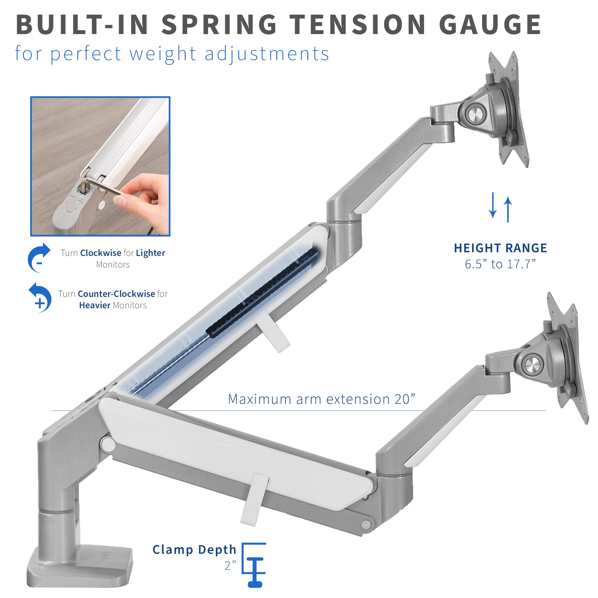 Silver Pneumatic Arm Dual Monitor Desk Mount with Height Adjustment and Arm Extension