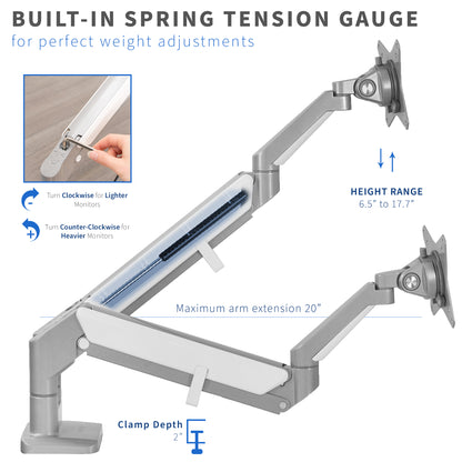 Silver Pneumatic Arm Dual Monitor Desk Mount with Height Adjustment and Arm Extension